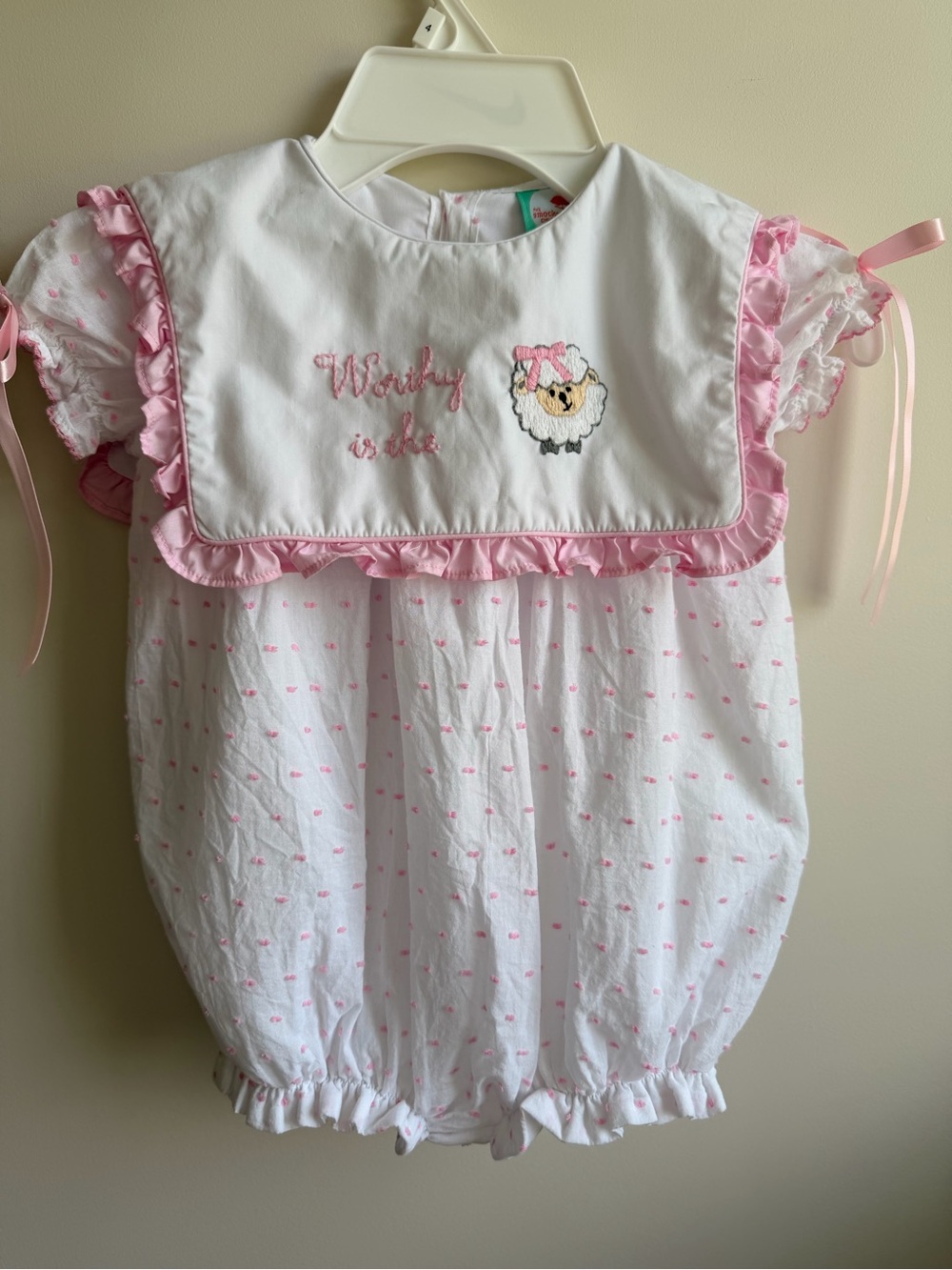 Baby Girls White and Pink Lamb Ruffle Romper